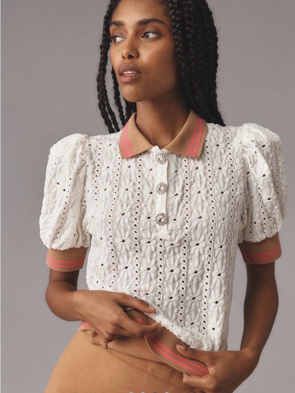 Anthropologie White Eyelet Knit Polo with Pink and Tan Trim